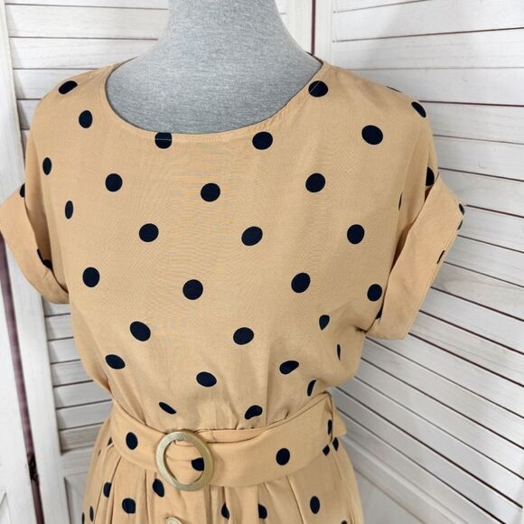Mango Polka Dot Belted Fit Flare Midi Dress Tan Black Small 4 - Picture 7 of 13